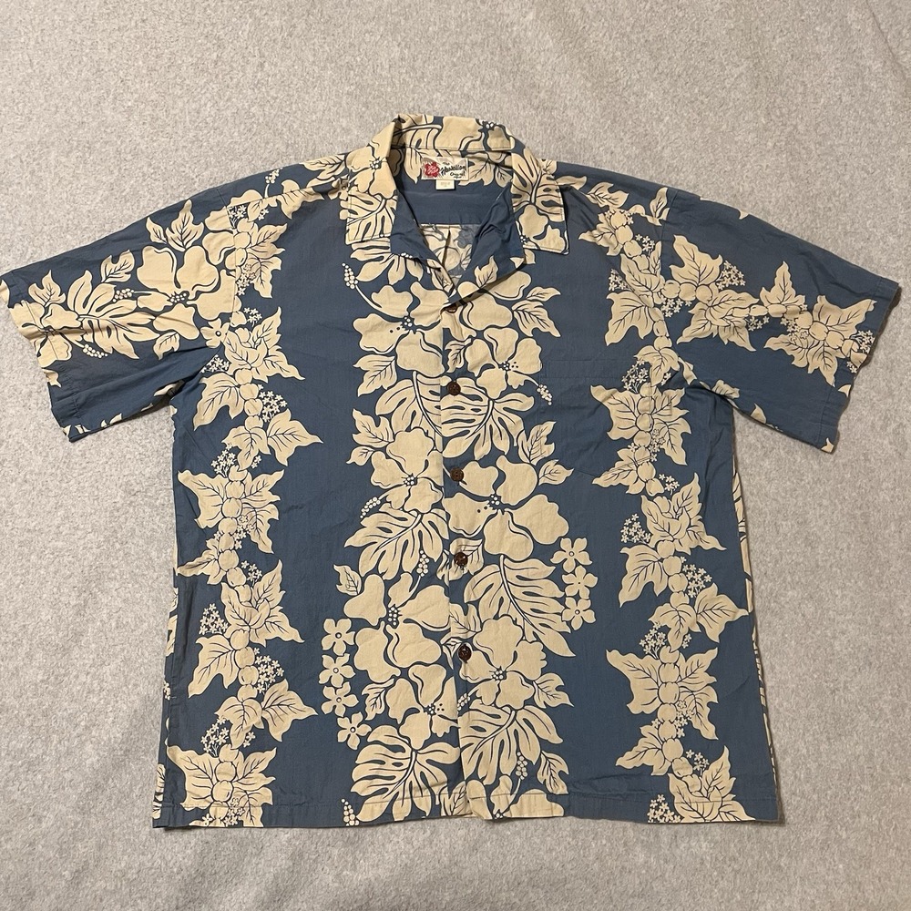 Hilo Hattie Shirt Men's XL Blue/Yellow AOP Floral Hawaiian Poplin Beach Resort